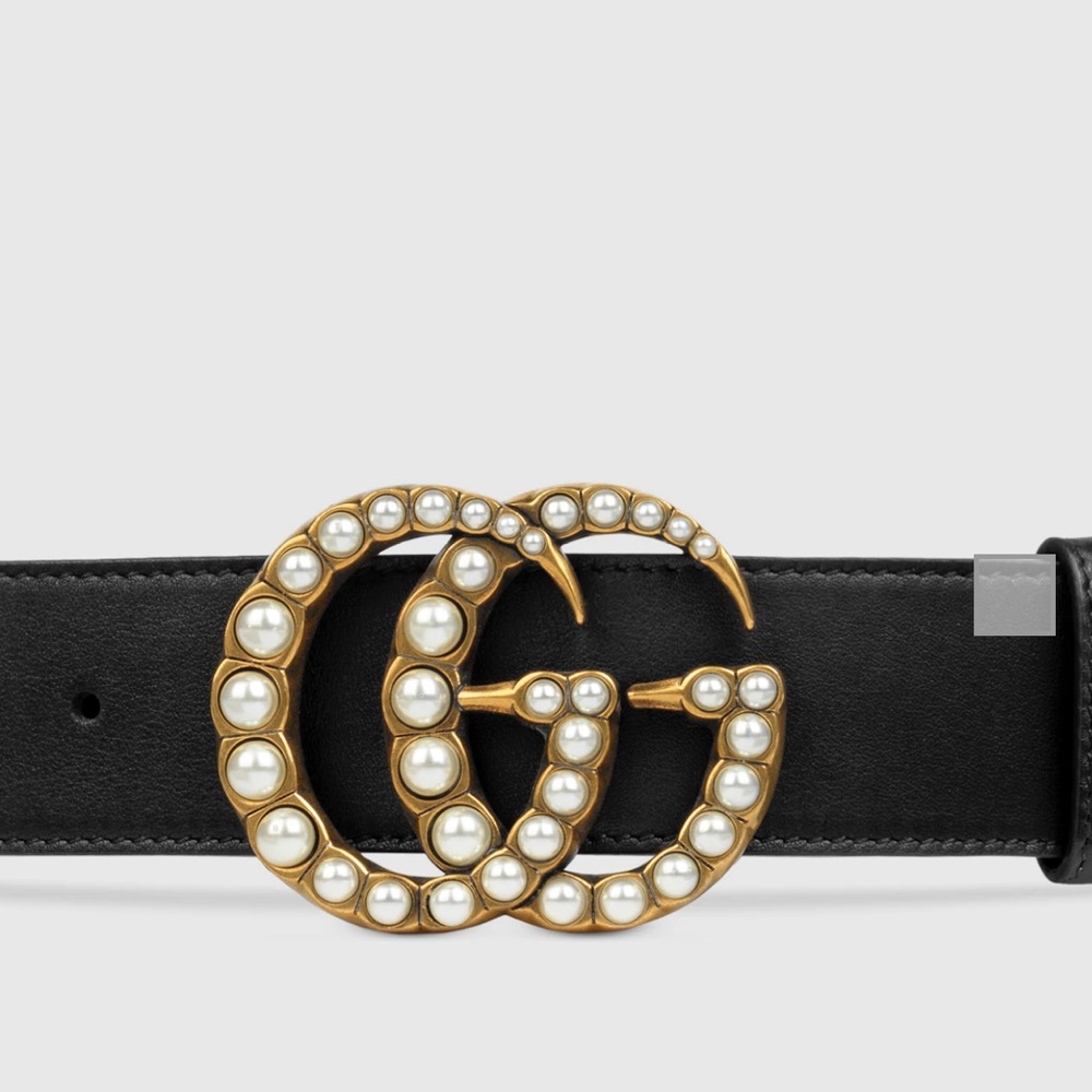 GUCCI LEATHER BELT WITH PEARL DOUBLE G
